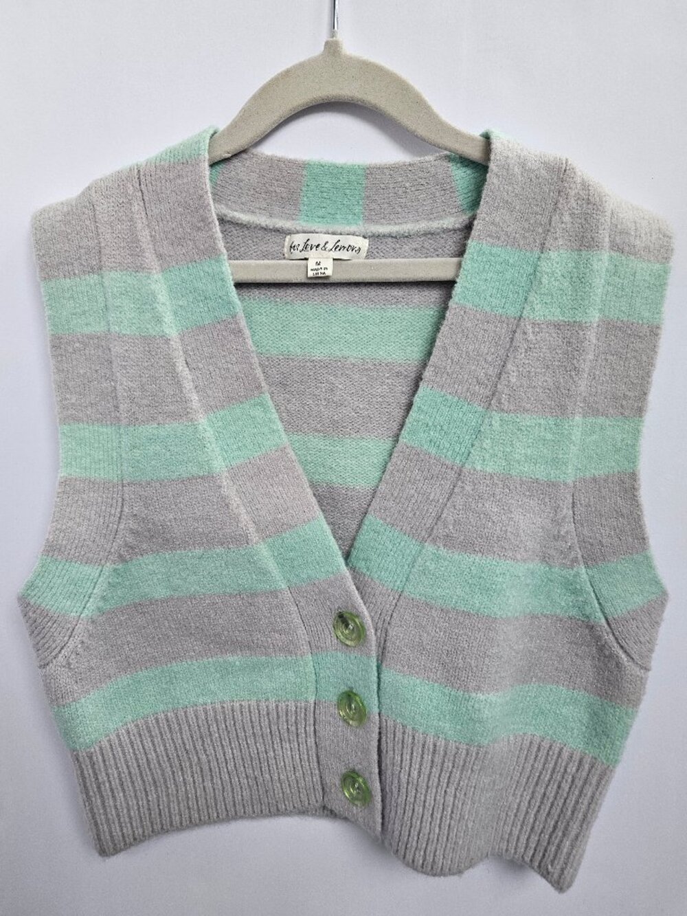 For Love & Lemons Maud Cropped Sweater Vest - Mint & Grey Sz M